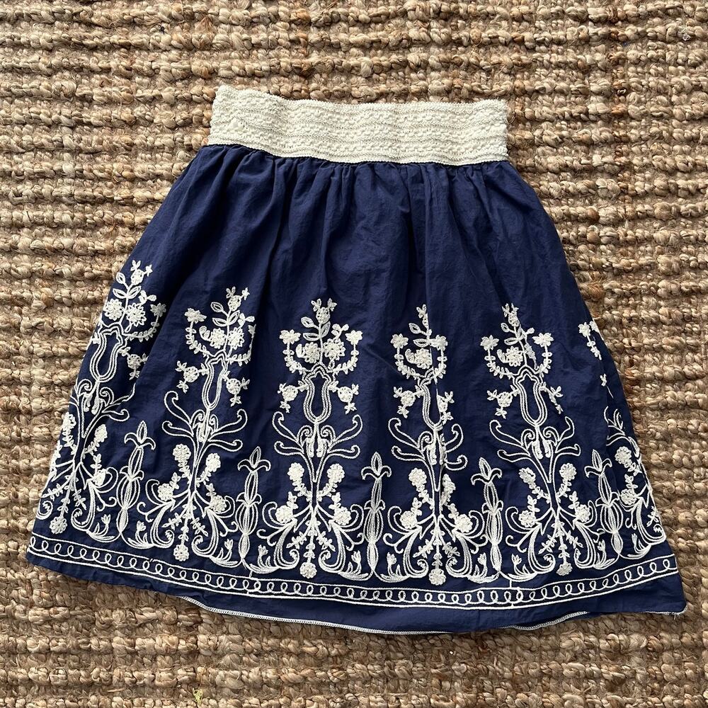 Anthropologie Andi + James Embroidered A-Line Skirt Navy White Floral Boho S